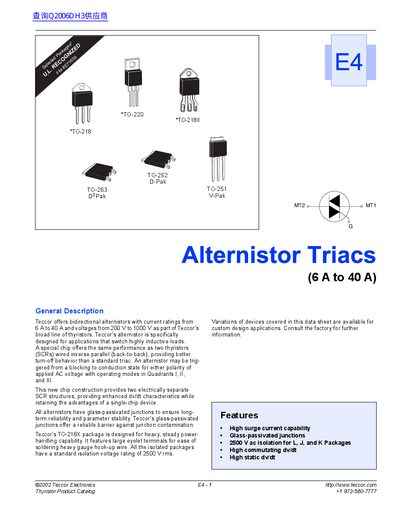 Teccor Alternistor Triacs Data Sheet - cover page