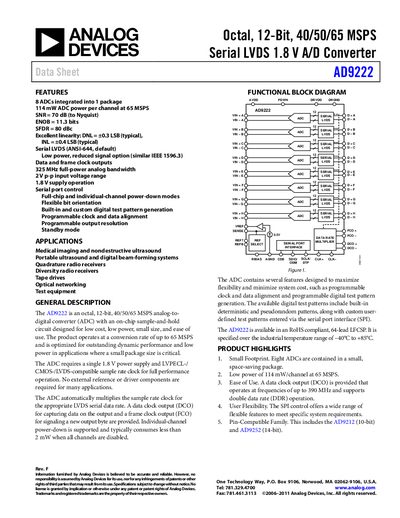 Analog Devices AD9222 12‑Bit 40/50/65 MSPS Serial LVDS ADC Data Sheet - cover page