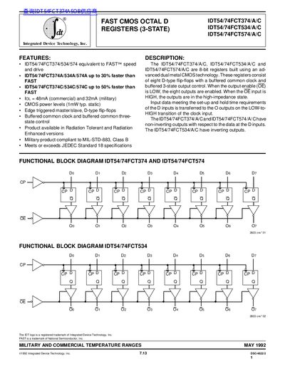Integrated Device Technology IDT54/74FCT374/534/574 Datasheet - cover page