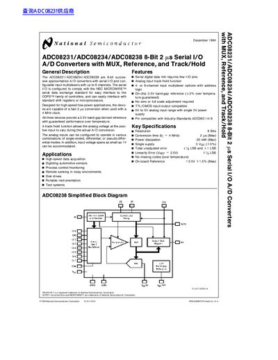 National Semiconductor ADC08231/ADC08234/ADC08238 8-Bit 2 ms Serial I/O A/D Converters Datasheet - cover page