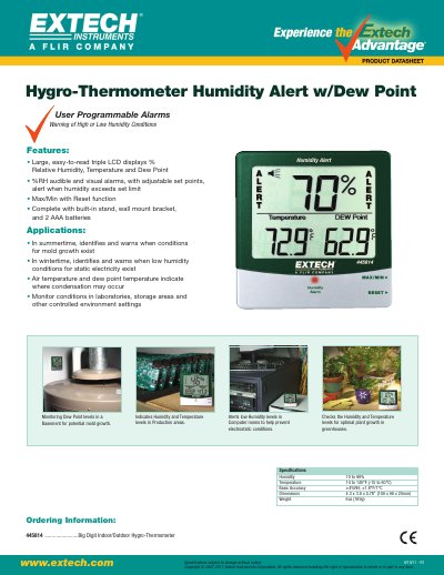 Extech 445814 Hygro-Thermometer Product Datasheet - cover page