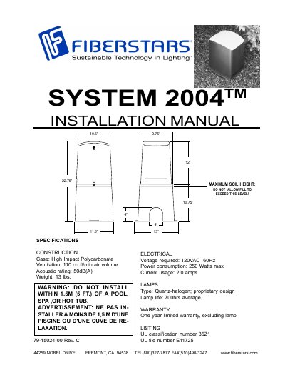 FiberStars System 2004TM Illuminator Installation Manual - cover page