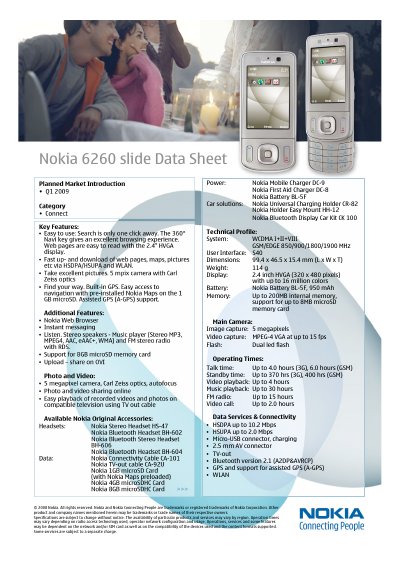 Nokia 6260 Slide Data Sheet - cover page