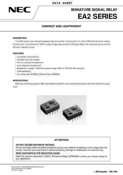 NEC EA2 Series Data Sheet - cover page