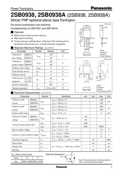 Panasonic 2SB0938/2SB0938A Power Transistor Datasheet - cover page