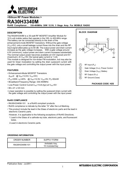 Mitsubishi Electric RA30H3340M RF Power Module Datasheet - cover page