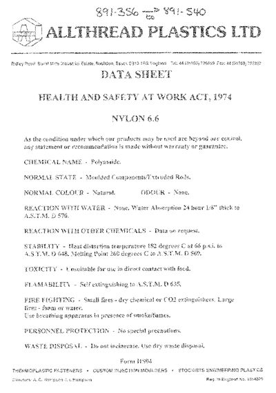 Allthread Nylon 6.6(1) Data Sheet - cover page