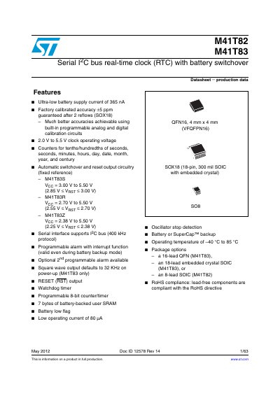 STMicroelectronics M41T82/M41T83 Serial I2C RTC Datasheet