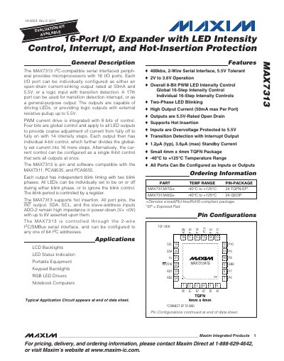 Maxim MAX7313 16-Port I/O Expander Datasheet - cover page