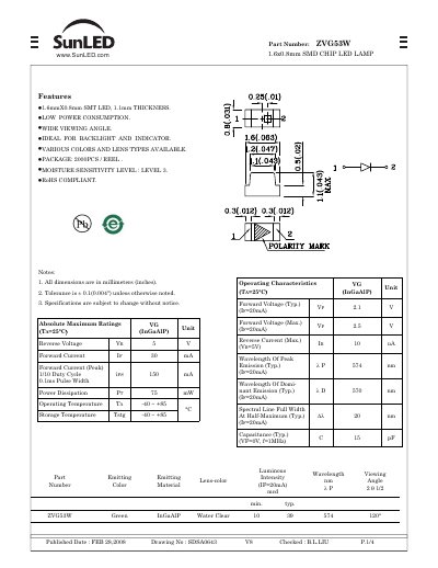 SunLED ZVG53W SMD Chip LED Lamp Datasheet - cover page