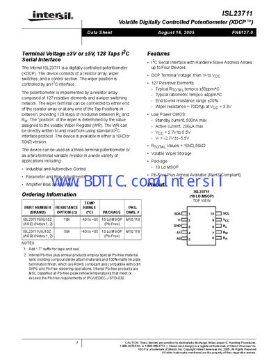 Intersil ISL23711 Volatile Digitally Controlled Potentiometer Datasheet - cover page