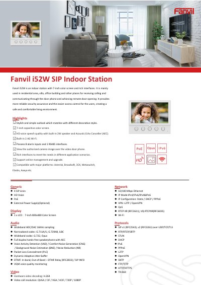 Fanvil i52W SIP Indoor Station Product Leaflet - cover page