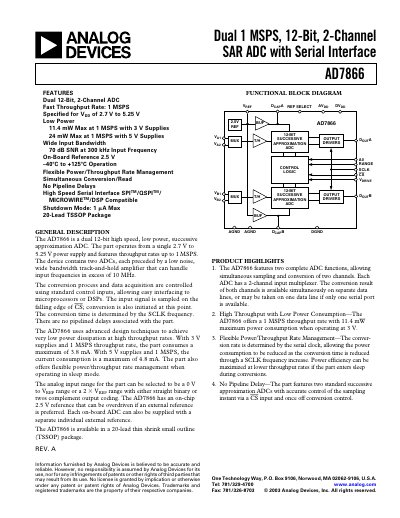 Analog Devices AD7866 Dual 12‑Bit 2‑Channel SAR ADC Datasheet - cover page