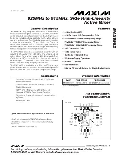 Maxim MAX9982 SiGe High-Linearity Active Mixer Datasheet - cover page