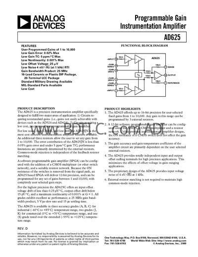 Analog Devices AD625 Programmable Gain Instrumentation Amplifier Datasheet