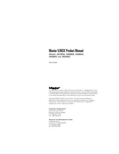 Maxtor 536DX Hard Disk Drive Installation and User Manual - cover page