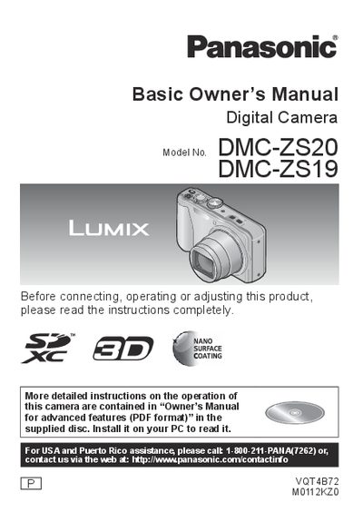Panasonic DMC-ZS20/DMC-ZS19 Digital Camera Owner's Manual - cover page