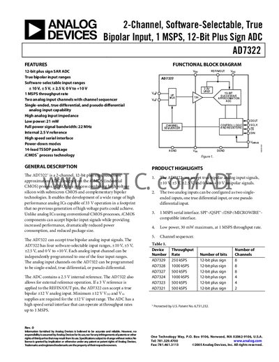 Analog Devices AD7322 12‑Bit ADC Datasheet - cover page