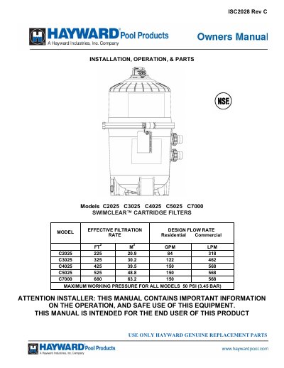 Hayward SwimClear Cartridge Filters C2025-C7000 Installation and Operation Manual - cover page
