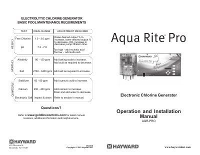 Hayward AQR-PRO Electronic Chlorine Generator Operation and Installation Manual - cover page