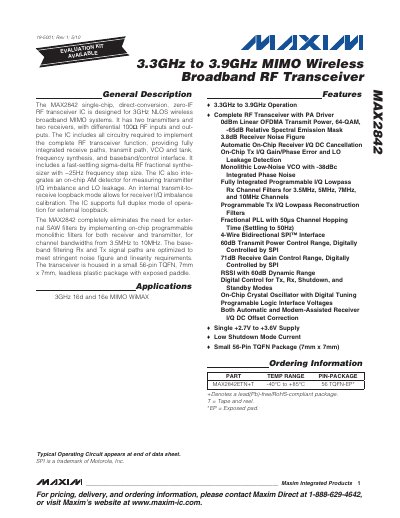 Maxim MAX2842 MIMO Wireless Broadband RF Transceiver Datasheet - cover page