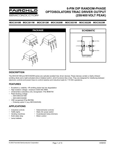 Fairchild MOC3010M/MOC3011M/MOC3012M/MOC3020M/MOC3021M/MOC3022M/MOC3023M Datasheet - cover page