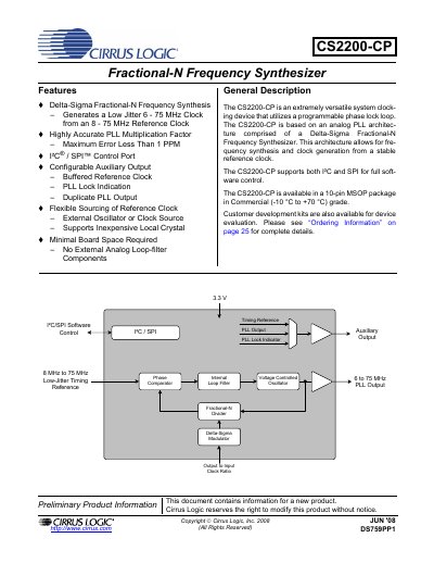 Cirrus Logic CS2200-CP Fractional-N Frequency Synthesizer Handbook - cover page