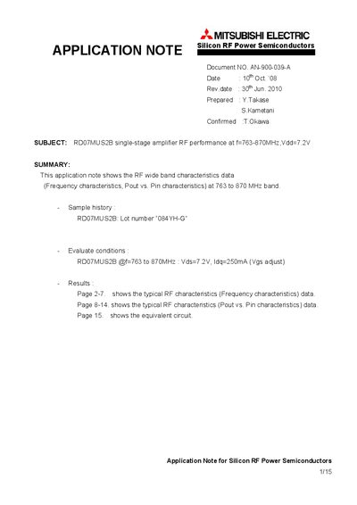 Mitsubishi Electric RDO7MUS2B Application Note - cover page