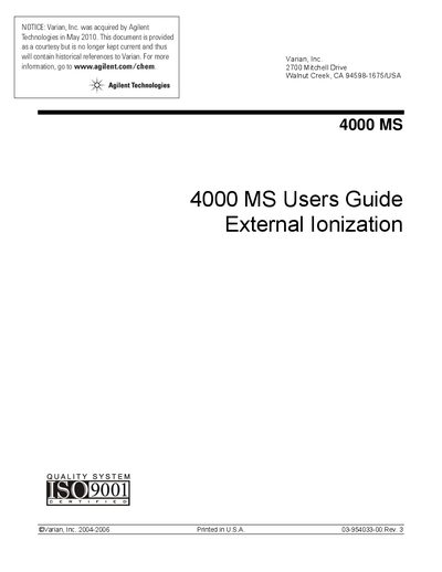 Agilent Technologies 4000 MS External Ionization User Guide