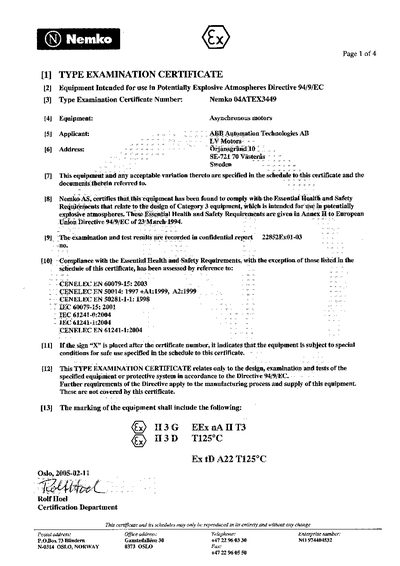 ABB Asynchronous Motors ATEX Type Examination Certificate Nemko 04ATEX3449 - cover page