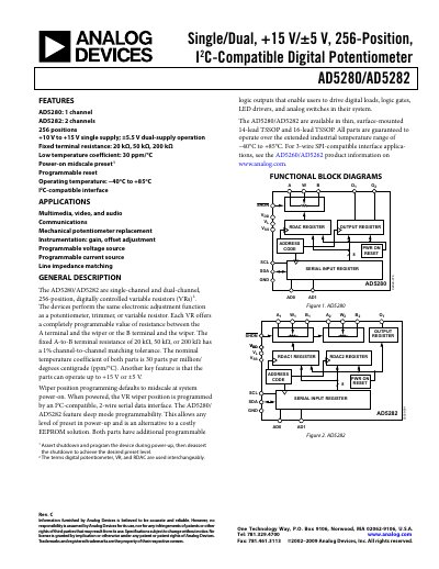 Analog Devices AD5280/AD5282 Digital Potentiometer Datasheet