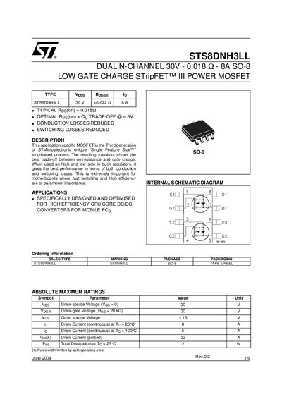 STMicroelectronics STS8DNH3LL Dual N-Channel 30V Power MOSFET Datasheet - cover page