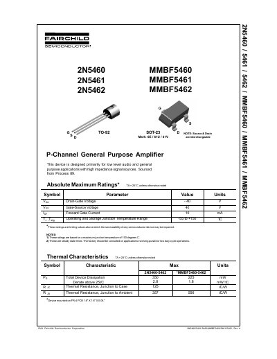 FAIRCHILD 2N5460/2N5461/2N5462/MMBF5460/MMBF5461/MMBF5462 P-Channel General Purpose Amplifier handbook - cover page