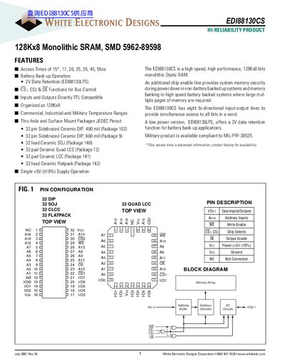 White Electronic Designs EDI88130CS SRAM Datasheet - cover page