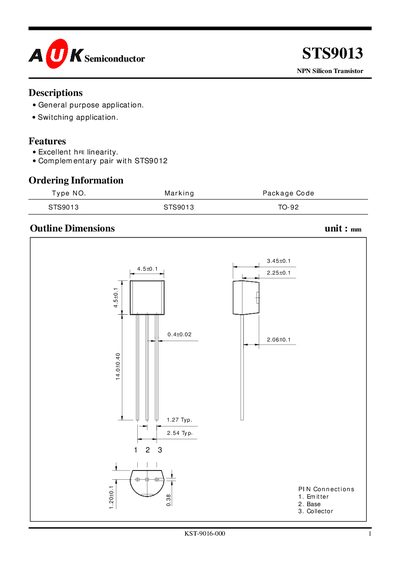 AUK Semiconductor STS9013 NPN Silicon Transistor Datasheet - cover page