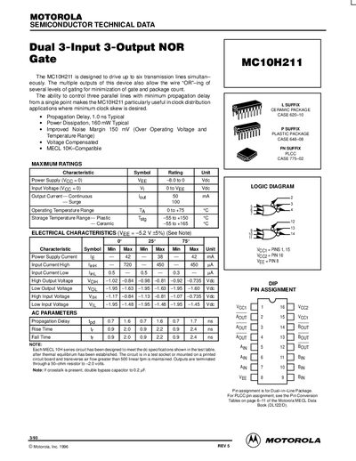 Motorola MC10H211 Dual 3-Input 3-Output NOR Gate Datasheet - cover page