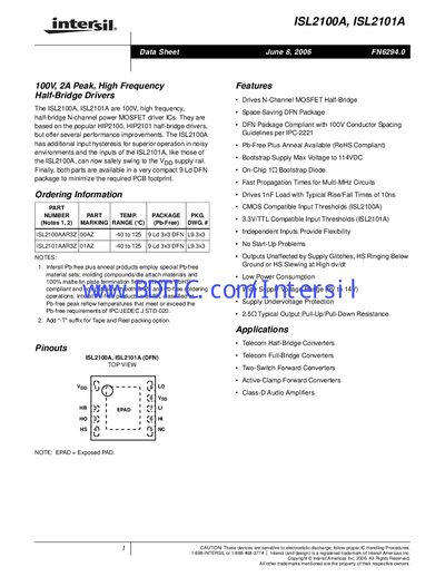 Intersil ISL2100A and ISL2101A Datasheet - cover page