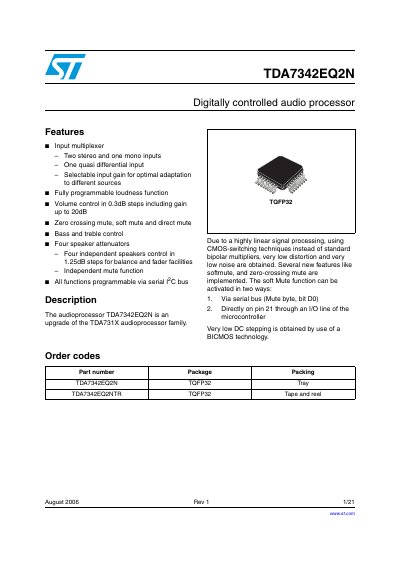 STMicroelectronics TDA7342EQ2N Digitally Controlled Audio Processor Datasheet