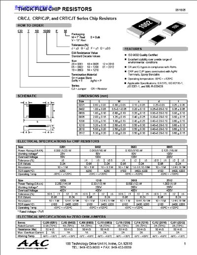 American Accurate Components CR/CJ CRP/CJP CRT/CJT Series Chip Resistors Product Data Sheet - cover page