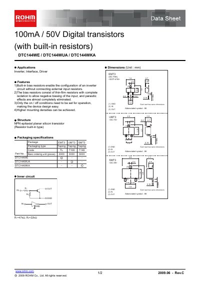ROHM DTC144WE Digital Transistor Data Sheet - cover page
