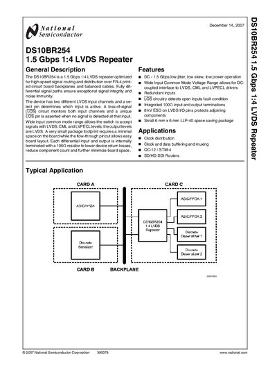 National Semiconductor DS10BR254 1.5 Gbps 1:4 LVDS Repeater Datasheet - cover page