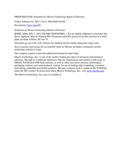 Micron Technology Board of Directors Statement Press Release - cover page