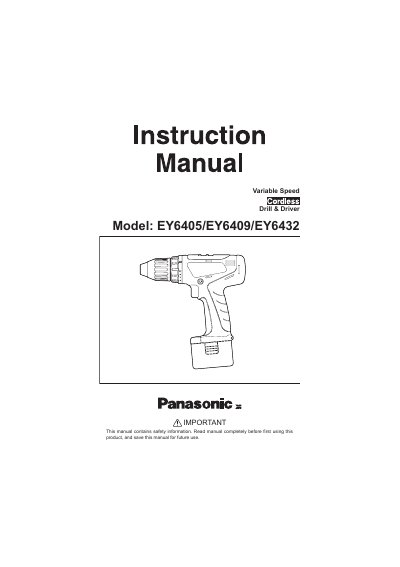 Panasonic EY6405/EY6409/EY6432 Variable Speed Drill & Driver Instruction Manual - cover page