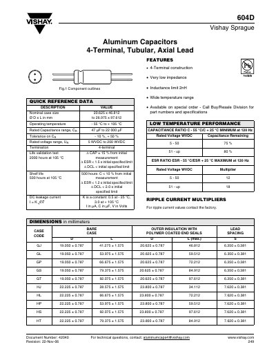 Vishay 604D Aluminum Capacitor 4‑Terminal Datasheet - cover page