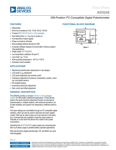 Analog Devices AD5245 256-Position I2C-Compatible Digital Potentiometer Data Sheet