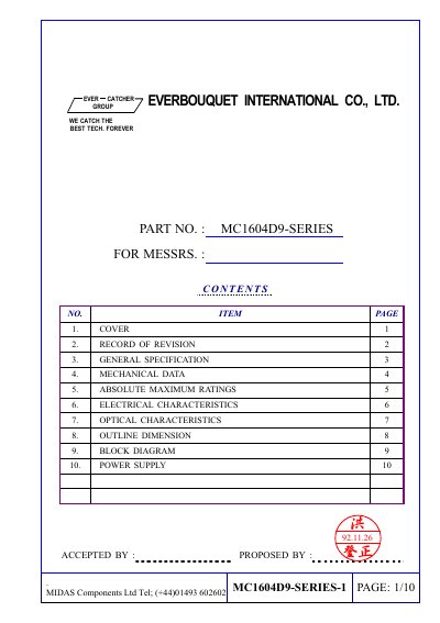 MIDAS MC1604D9 Series LCD Module Datasheet - cover page