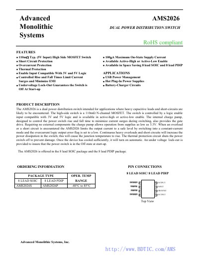Advanced Monolithic Systems AMS2026 Dual Power Distribution Switch Datasheet - cover page