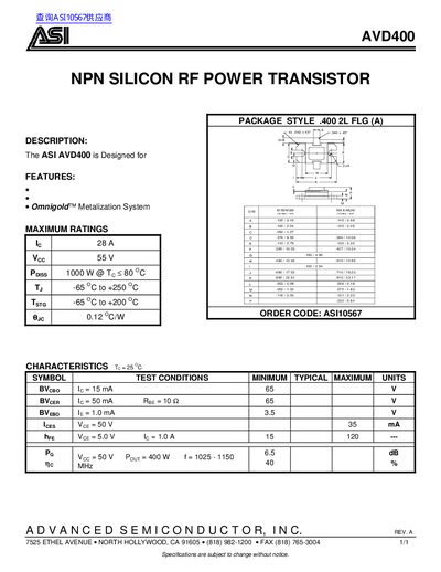 ASI AVD400 NPN Silicon RF Power Transistor Datasheet - cover page