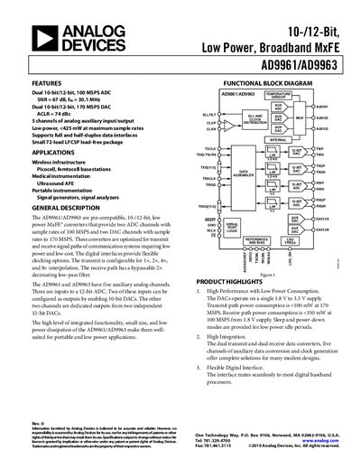 Analog Devices AD9961/AD9963 MxFE® Converters Datasheet - cover page