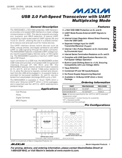 Maxim MAX3349EA USB 2.0 Full-Speed Transceiver with UART Multiplexing Mode Datasheet - cover page